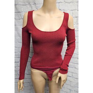 AKIRA CHICAGO BLACK LABEL COLD SHOULDER RIBBED SLIM FIT SWEATER THONG BODYSUIT
